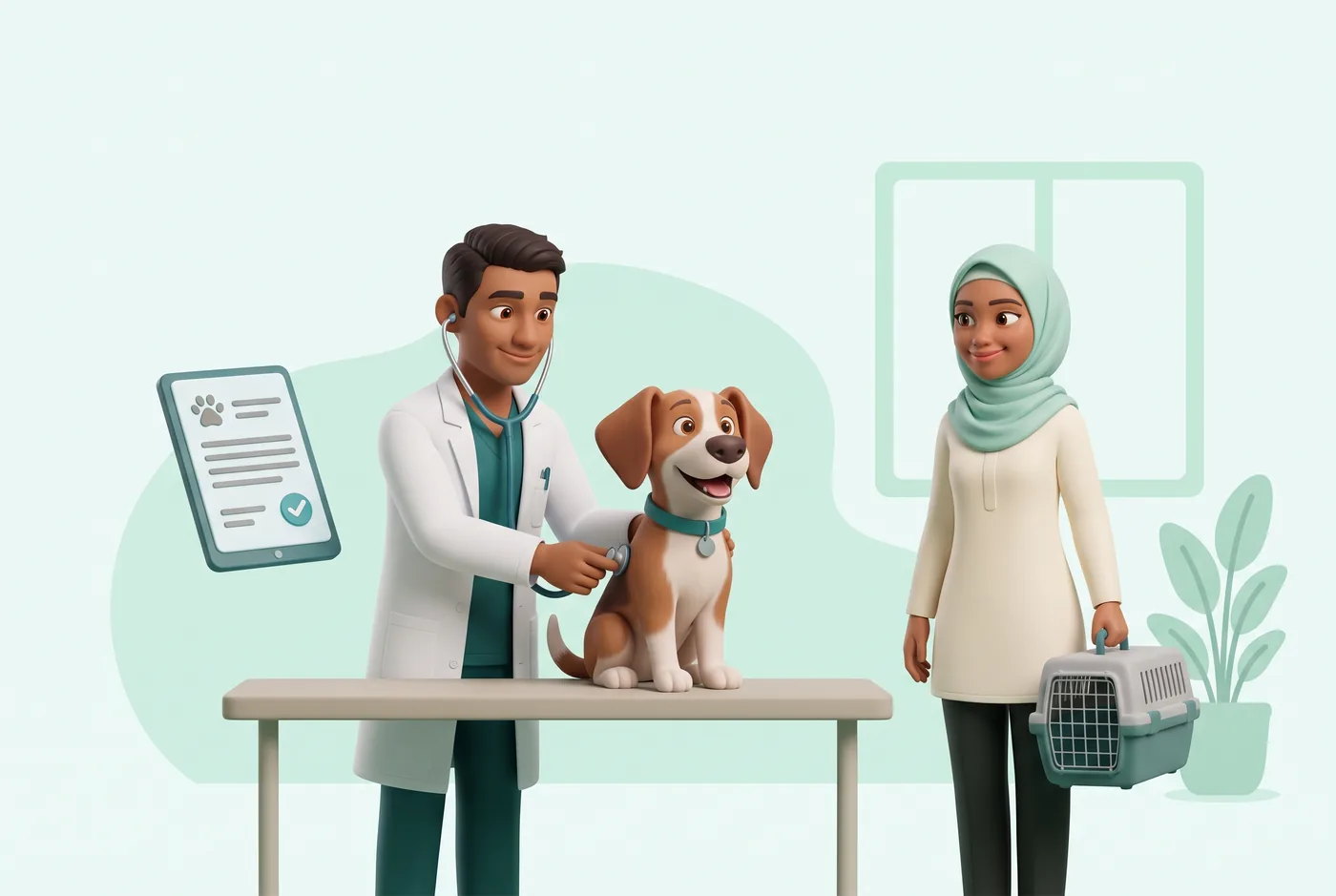 Dokter hewan memeriksa anjing dengan tenang